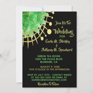 Boho Eucalyptus Greenery Black & Gold Wedding Invitation