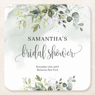 Boho Eucalyptus greenery branches gold Bridal Square Paper Coaster