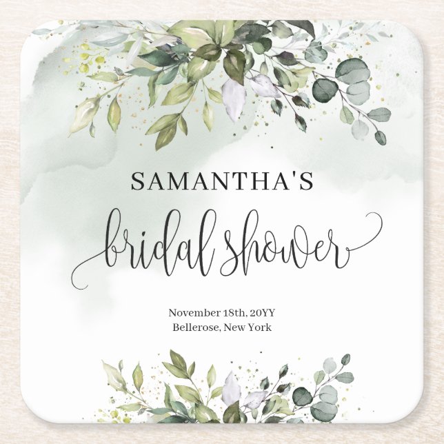 Boho Eucalyptus greenery branches gold Bridal Square Paper Coaster (Front)