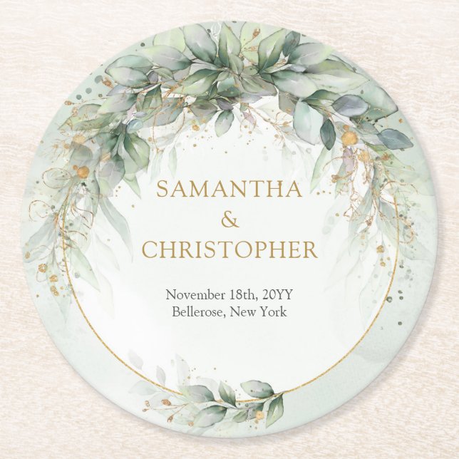 Boho eucalyptus greenery foliage gold oval arch round paper coaster (Front)