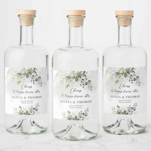 Boho eucalyptus greenery foliage gold sparkles liquor bottle label (Bottles)