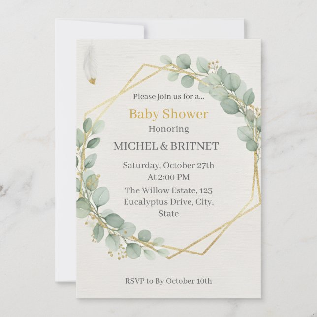 Boho Eucalyptus Greenery Gold  Baby Showers Invitation (Front)
