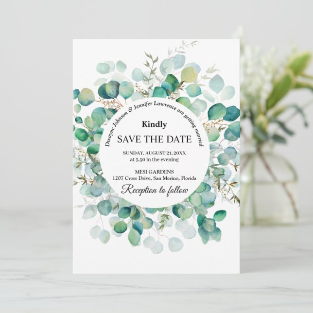 Boho Eucalyptus Greenery Summer Wedding Save The Date (Standing Front)