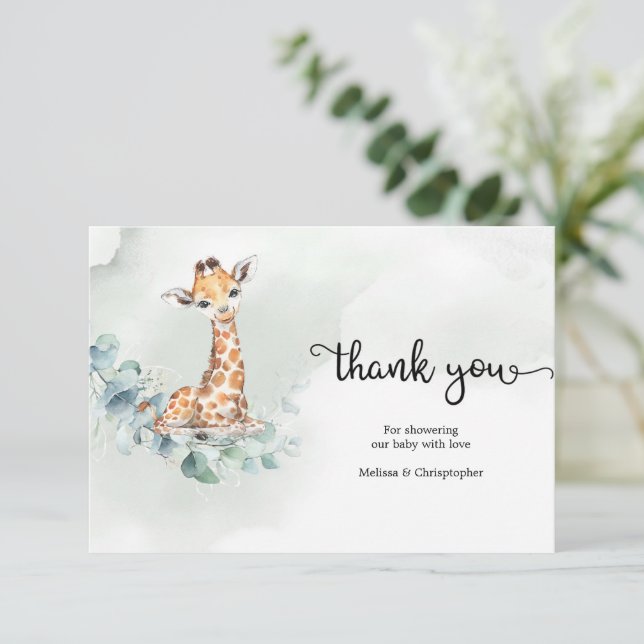 Boho eucalyptus greenery wreath baby giraffe  enclosure card (Standing Front)