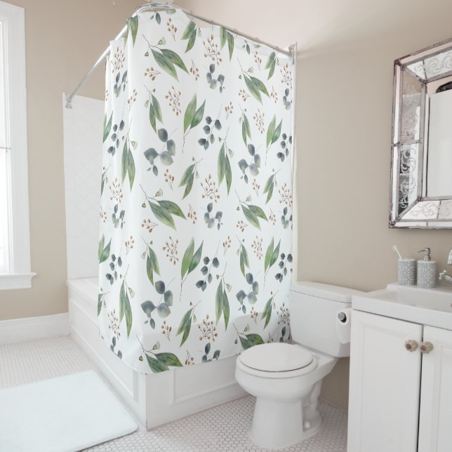 Boho eucalyptus leaf green foliage gum flower shower curtain (In Situ)