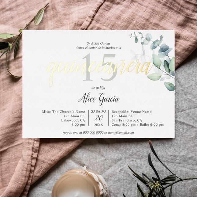Boho Eucalyptus Leaves Quinceanera Foil Invitation (Creator Uploaded)