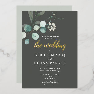 Boho Eucalyptus Leaves Wedding Foil Invitation