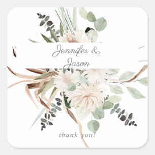 Boho Eucalyptus Palm & Beige Floral Thank You Square Sticker