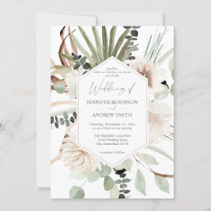 Boho Eucalyptus Palm Leaf & Beige Floral Wedding Invitation