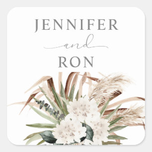 Boho Eucalyptus Pampas Grass & Beige Floral Square Sticker