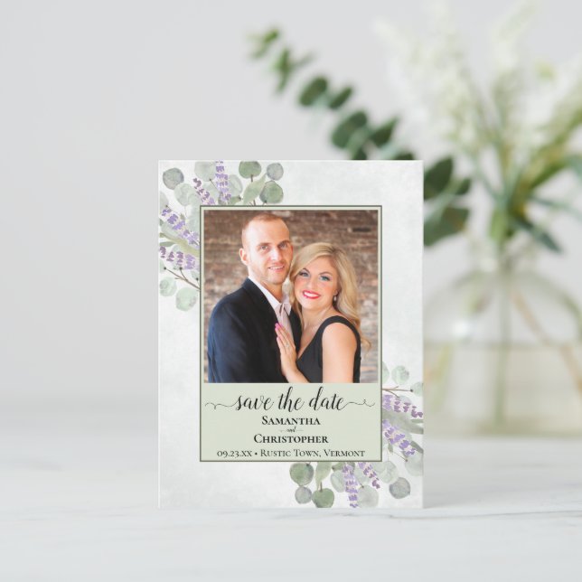 Boho Eucalyptus Sage Wedding Save the Date Photo Announcement Postcard (Standing Front)