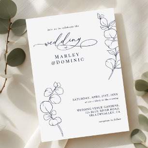 Boho Eucalyptus Springs Navy Blue & White Wedding Invitation