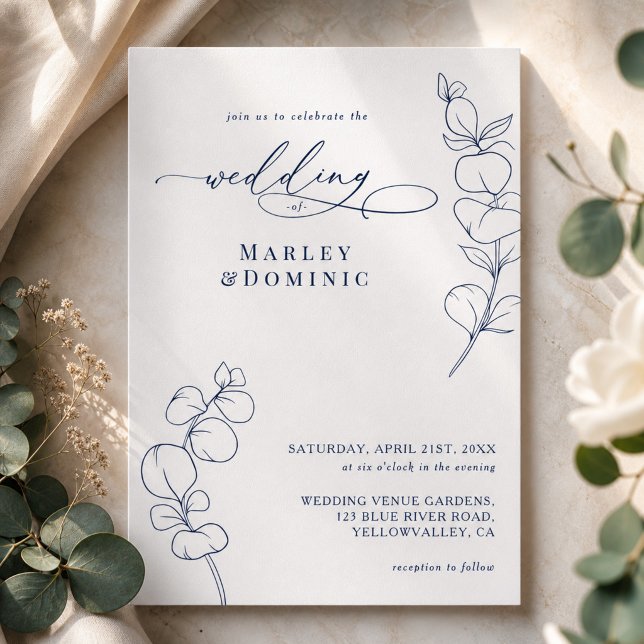 Boho Eucalyptus Springs Navy Blue & White Wedding Invitation (Creator Uploaded)