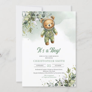 Boho eucalyptus teddy bear astronaut neutral invitation