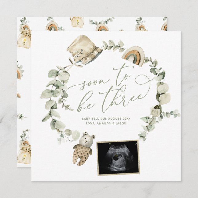 Boho Eucalyptus Three Ultrasound Pregnancy Reveal Announcement (Front/Back)