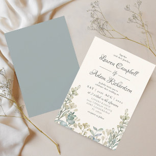 Boho Eucalyptus Watercolor Blue & Beige Wedding Invitation