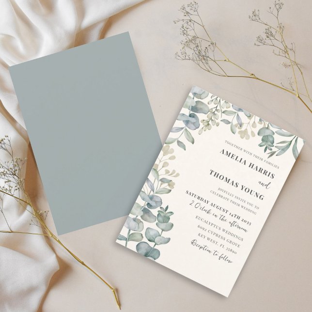 Boho Eucalyptus Watercolor Blue & Beige Wedding Invitation (Creator Uploaded)