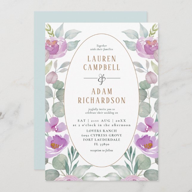 Boho Eucalyptus Watercolor Green Pink Wedding Invitation (Front/Back)