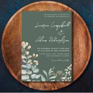 Boho Eucalyputus Dark Green Botanical Wedding Invitation