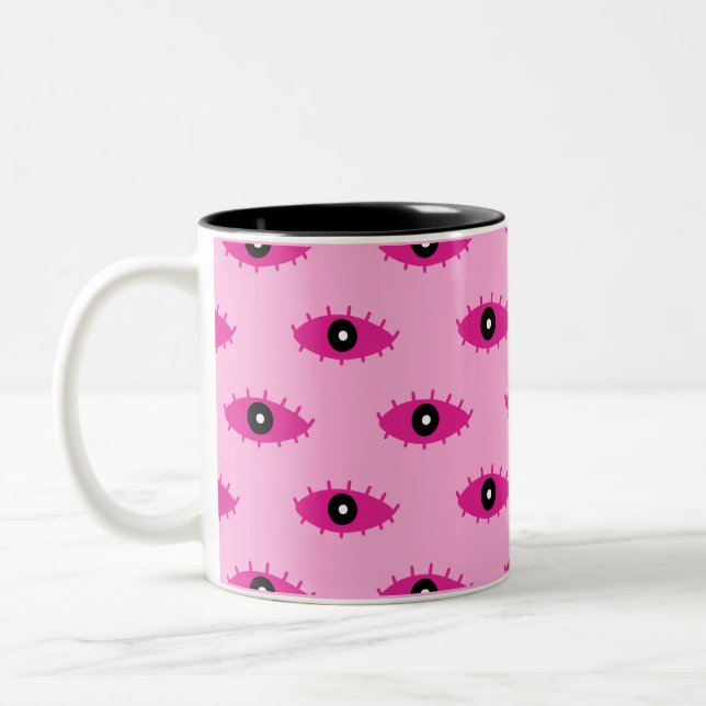BOHO Evil Eyes Fuchsia Pink Fun Two-Tone Coffee Mug (Left)