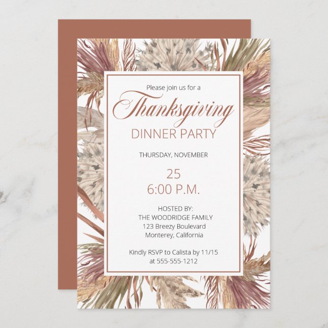 Boho Exotic Dried Grasses | Pampas Thanksgiving  Invitation (Front/Back)