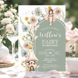 BOHO Fairy 1st Birthday Invitation Wildflower Sage