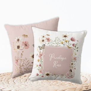 Boho Fairy Blush Wildflower Girl Nursery Monogram Cushion