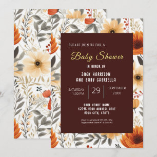 Boho Fall Autumn Floral Brown Baby Shower Invitation