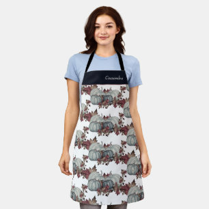 Boho Fall Blue White Watercolor Pumpkin Autumn Apron