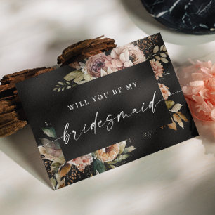 Boho Fall Bridesmaid Proposal. Black Autumn Floral Postcard