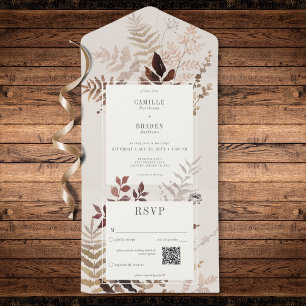 Boho Fall Brown Botanical Wedding QR Code All In One Invitation