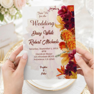 Boho Fall Burgundy, Burnt Orange & Golden floral Invitation
