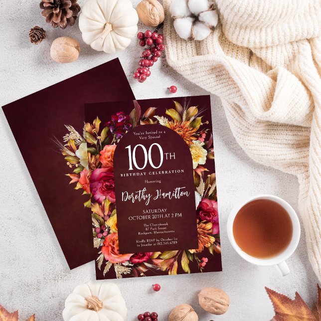 Boho Fall Burgundy Floral Script 100th Birthday Invitation (Beautiful fall flowers create a rustic Boho arch on this autumn 100th birthday invitation. )