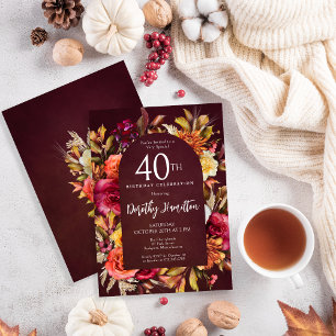 Boho Fall Burgundy Floral Script 40th Birthday Invitation