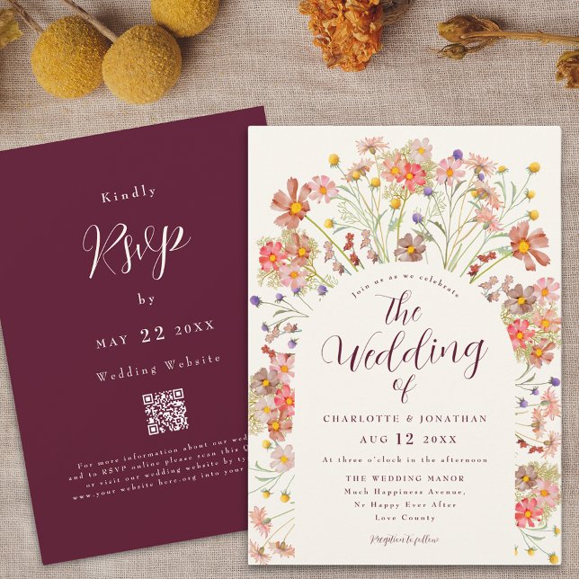 Boho Fall Floral Arch Burgundy Cream Wedding Invitation (Boho fall rustic wildflowers floral arch burgundy ivory cream wedding qr code invitation Watercolor)