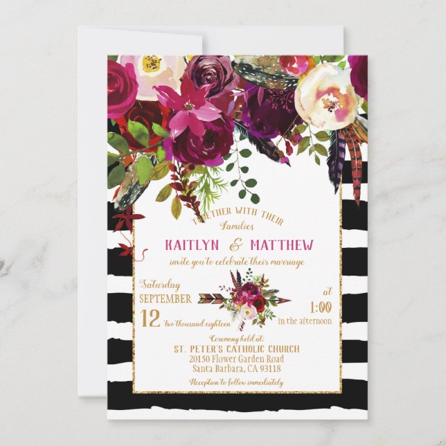 Boho Fall Floral Arrow Bouquet Stripe Wedding Invitation (Front)