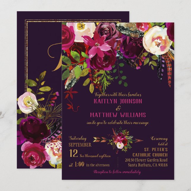 Boho Fall Floral Arrow Bouquet Wedding Invitation (Front/Back)