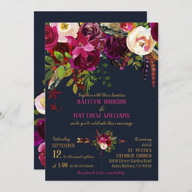 Boho Fall Floral Arrow Bouquet Wedding Invitation (Front/Back)