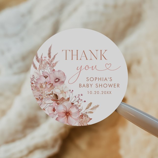 Boho Fall Floral Baby Shower  Classic Round Sticker (Creator Uploaded)