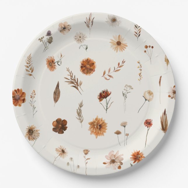 Boho Fall Floral Baby Shower  Paper Plate (Front)