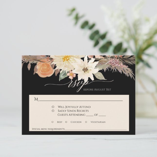 BOHO Fall Floral Black n Tan Pampas Grass Wedding RSVP Card (Standing Front)