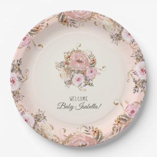 BOHO Fall Floral Blush Watercolor Baby Girl Shower Paper Plate
