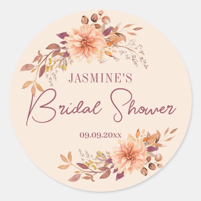 Boho Fall Floral Bridal Shower Favour Classic Round Sticker (Front)