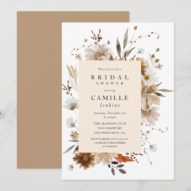 Boho Fall Floral Bridal Shower Invitation (Front/Back)