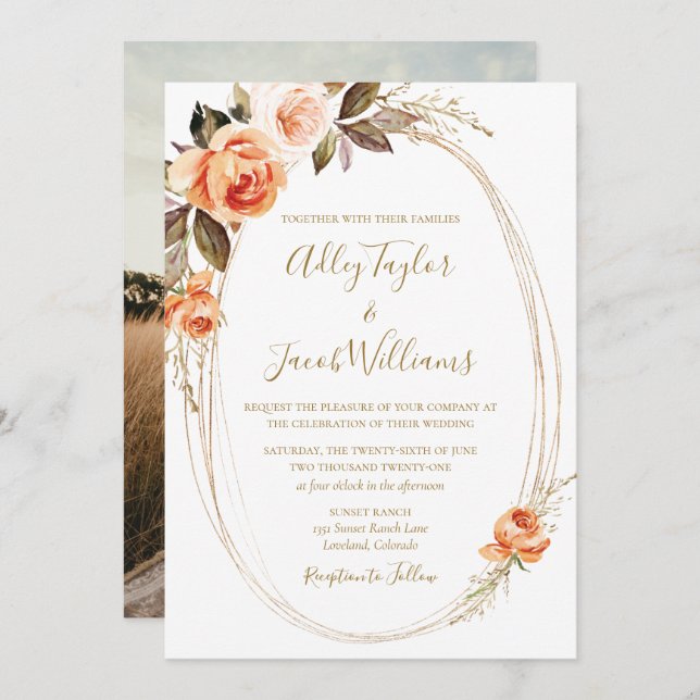 Boho Fall Floral Burnt Orange Photo Wedding Invitation (Front/Back)