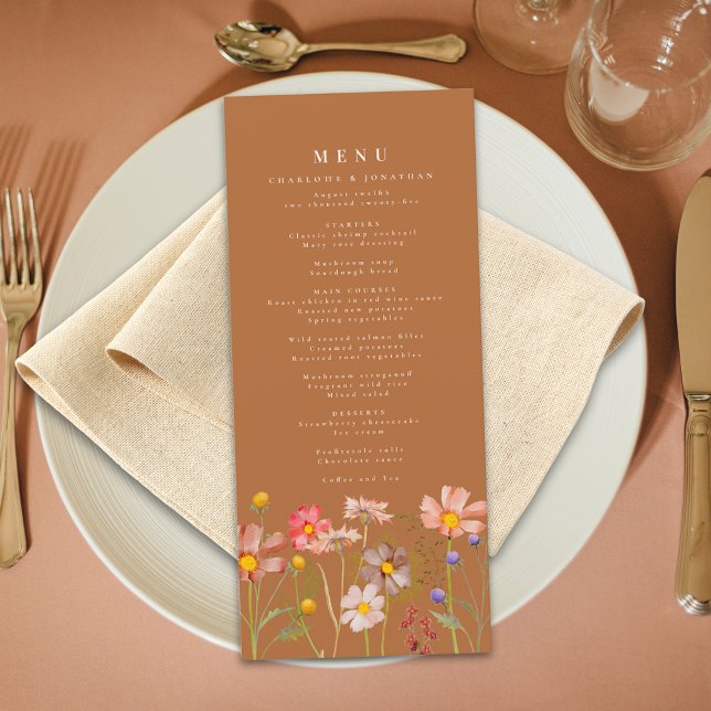 Boho Fall Floral Burnt Orange Wedding Menu (Modern terracotta burnt orange Boho rustic floral fall Wedding menu watercolor wildflowers autumn)