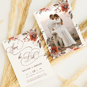 Boho Fall Floral Elegant Script & Photo Wedding Save The Date
