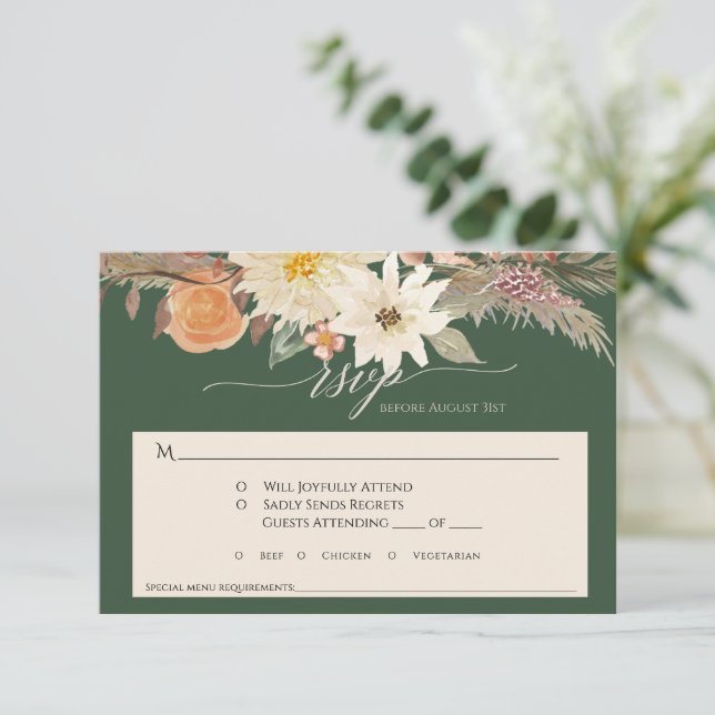 BOHO Fall Floral Forest Green Pampas Grass Wedding RSVP Card (Standing Front)