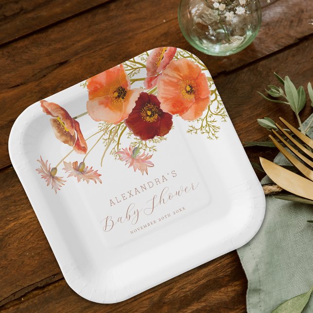 Boho Fall Floral Gender Neutral Baby Shower Custom Paper Plate (Boho fall floral gender neutral baby shower custom paper plates Watercolor wildflower elegant script)
