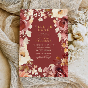 Boho Fall Floral Gold Cream Scarlet Bridal Shower Invitation